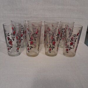 VTG Anchor Hocking Red Rose and Brown Vine Tumblers, Set of 8